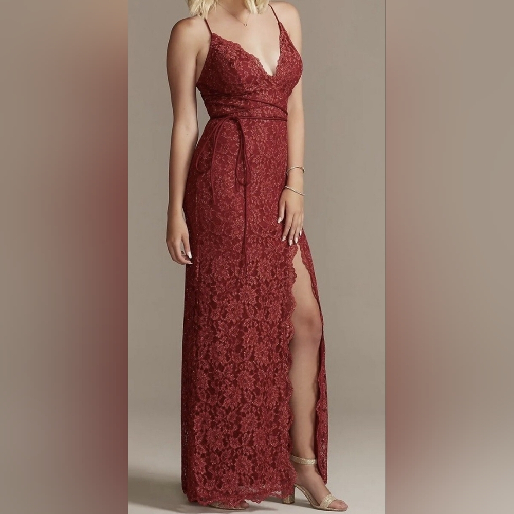 Women’s Red Lace Evening Dress - Strappy Plunge 18